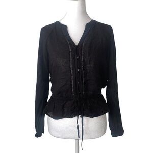 A.n.a Linen Blend Drawstring Long Sleeve V-neck Button Down Blouse S